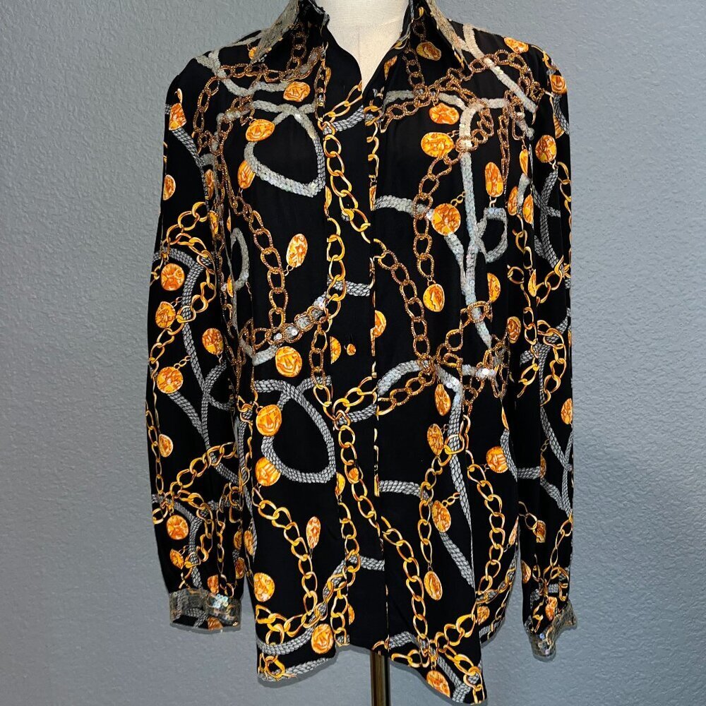 Vintage STARINGTON Sequin & Bead Embellished Chain & Coin Silk Blouse - EUC - 8